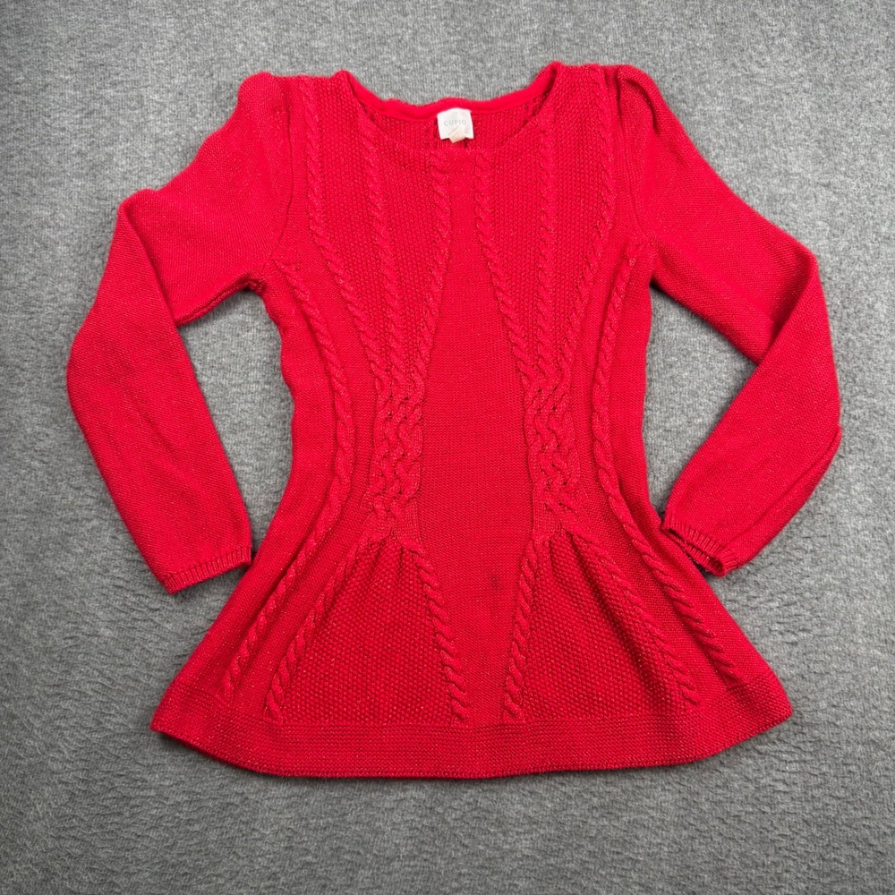 Cupio Red Cable Knit Peplum Sweater Metallic Gold Shimmer Long Sleeve Womens M